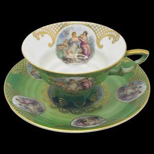 Mitterteich, Pictorial Courting Teacup And Saucer Bavaria - Antique c. 1920's